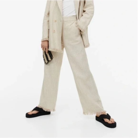 H&M Fringe-Hem Linen Blend Stripe Pants NWT - Size 32 / 0 - Picture 1 of 9